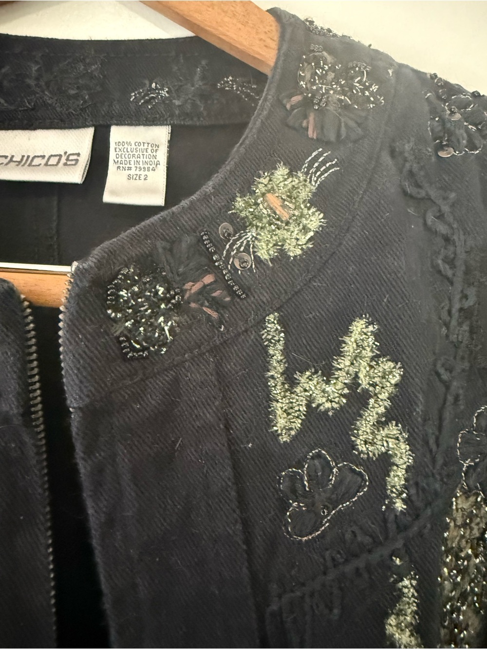 Chicos Black Embroidered & beaded Zip-Front denim Jacket size large (2) - Picture 6 of 13
